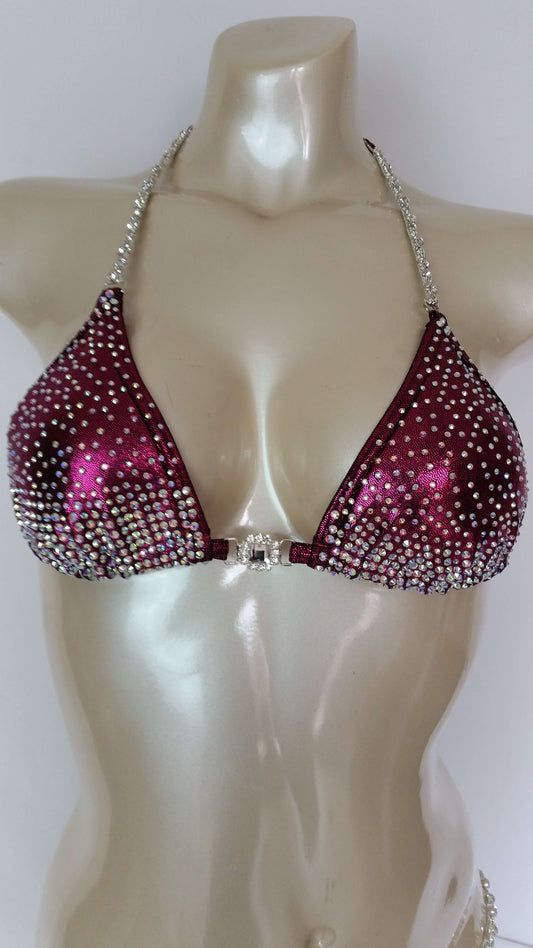 Maroon bikini with AB rhinestones in a reverse cascade pattern