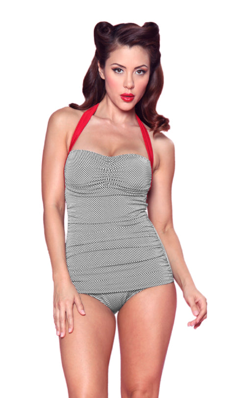 Black/White checkered with Red trim Frock Vintage Suit