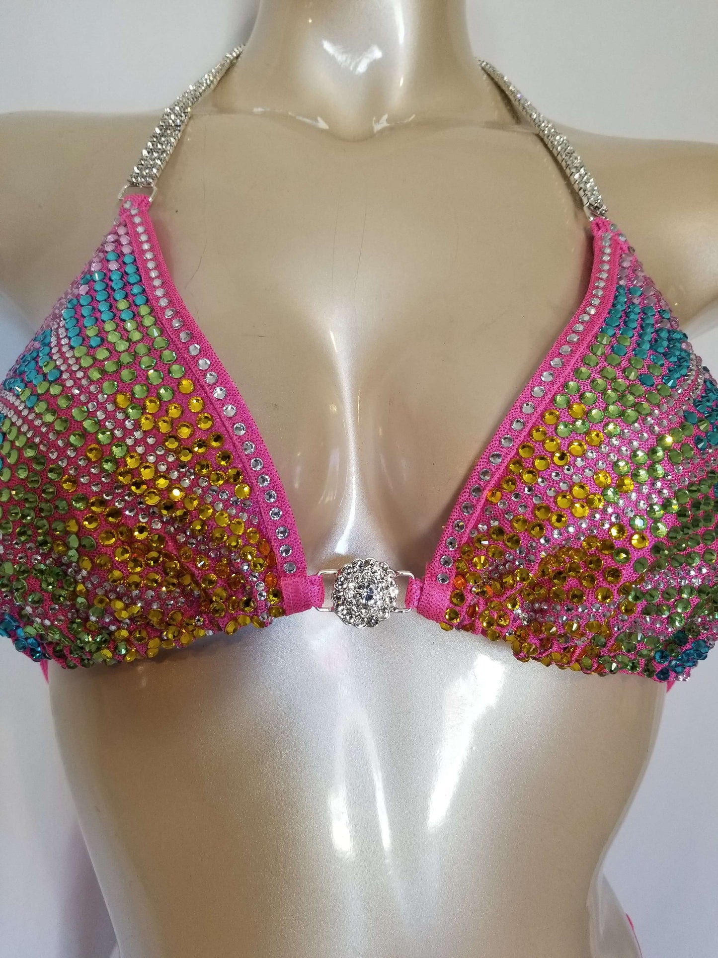 Pink bikini with rainbow butterfly wing rhinestone design