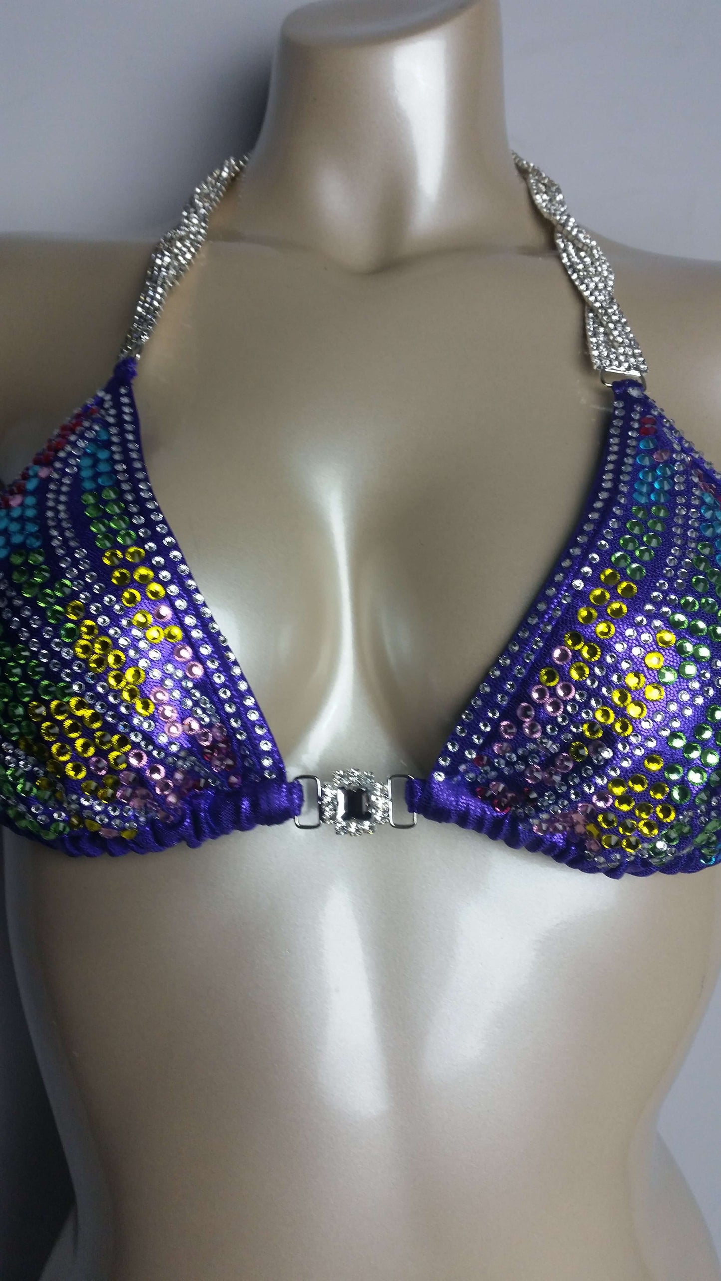 Purple bikini with rainbow butterfly wing rhinestone design