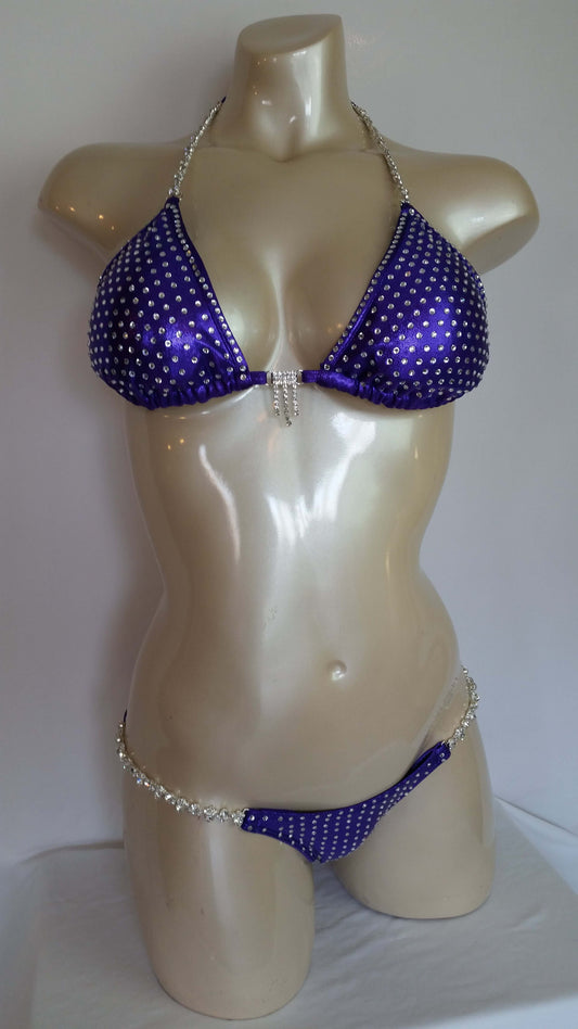 Purple bikini with crystal rhinestone in a linear pattern